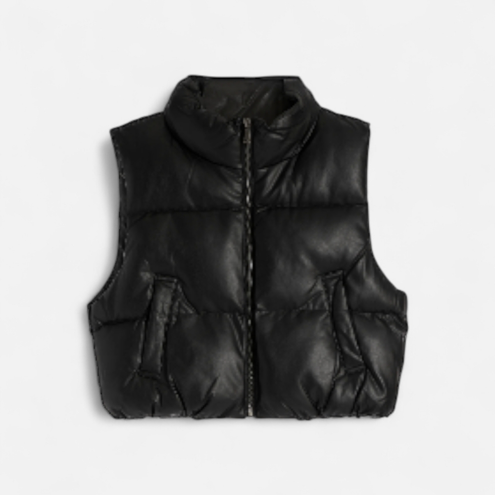 Double Zero Girls Junior L Black Faux Leather Cropped Puffer Vest Standup Collar